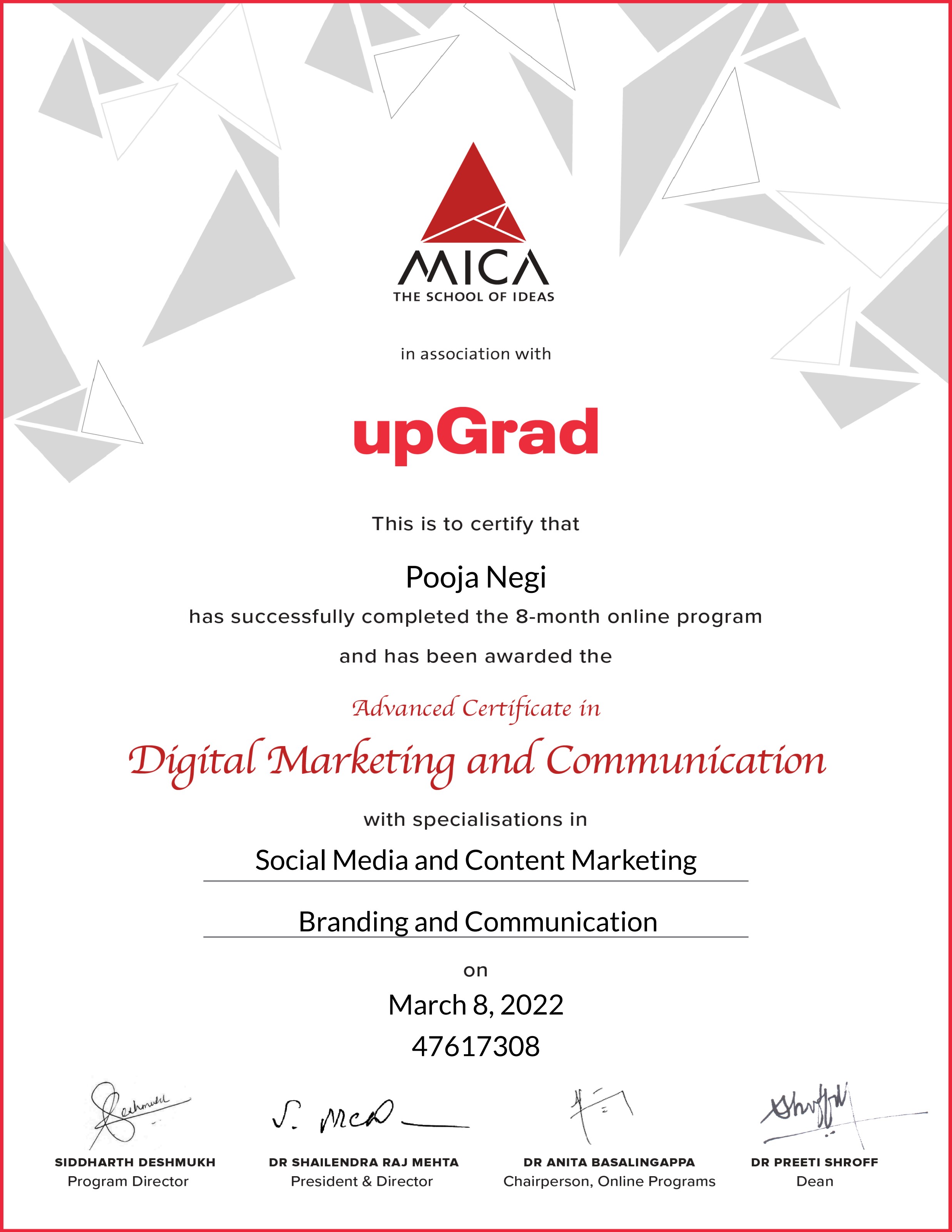 Advanced Certificate in Digital Marketing and Communication from MICA and upGrad awarded to Pooja Negi, March 2022